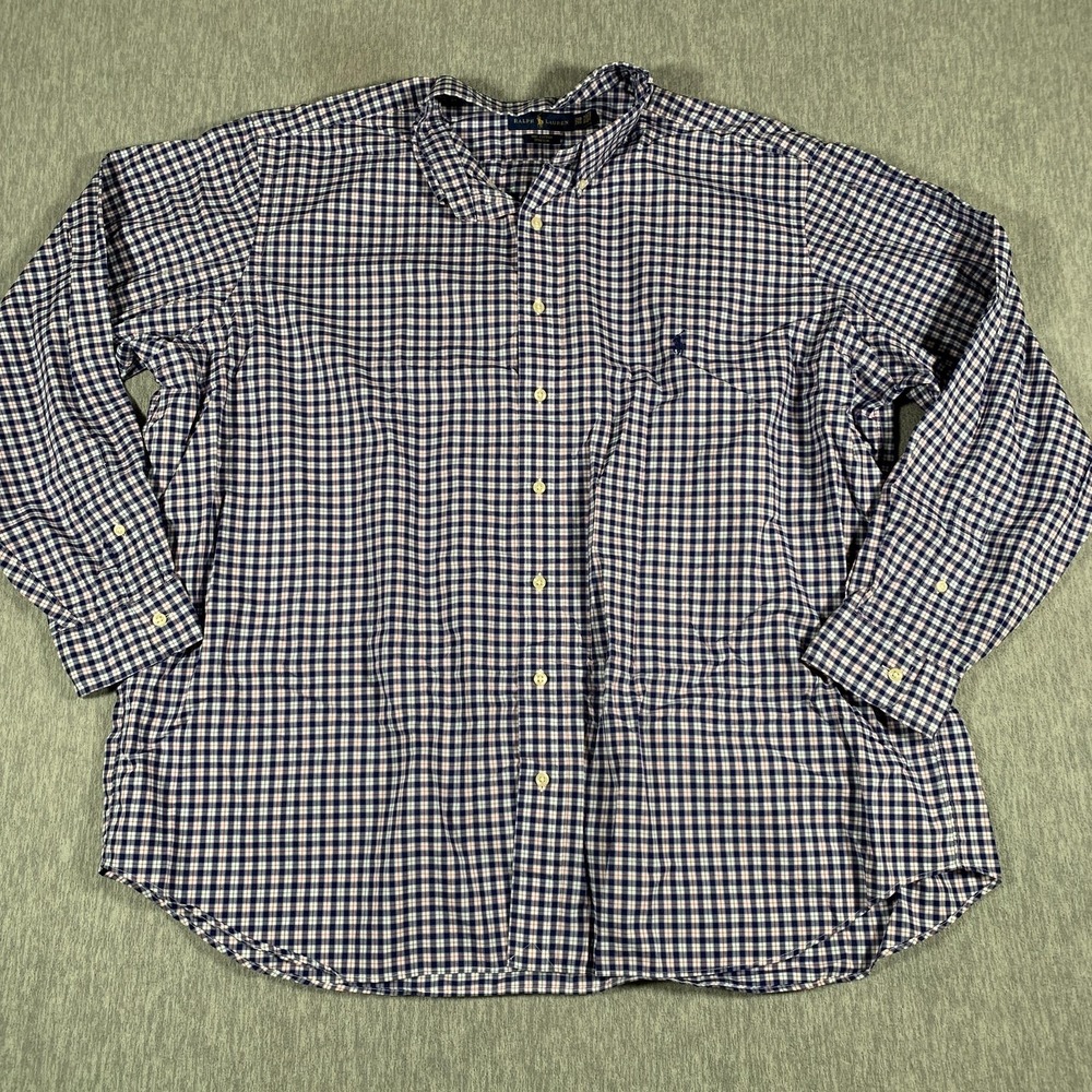 Ralph Lauren Shirt Mens 2XB Blue Pink Plaid Button Down Big Tall Cotton Stretch